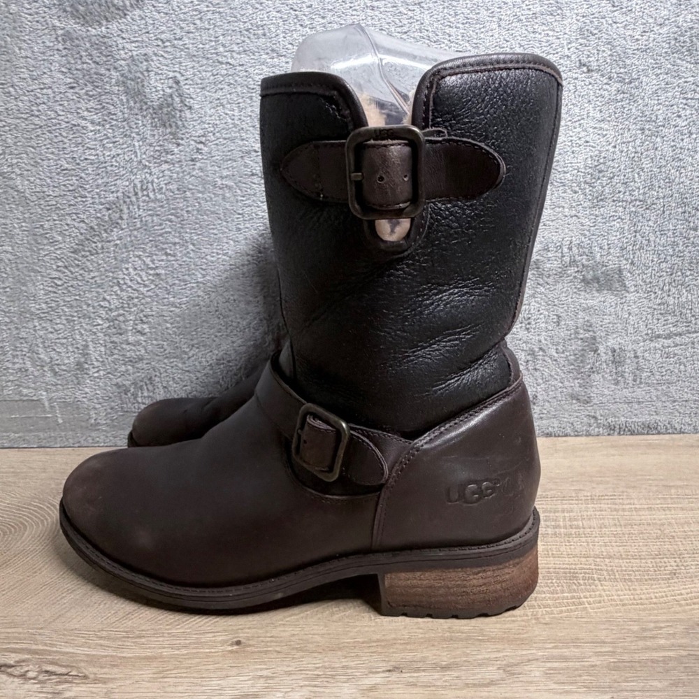 UGG Simmens Shearling Lined Boots Size 9.5 Brown Buckle Moto Cozy Winter - Picture 3 of 13
